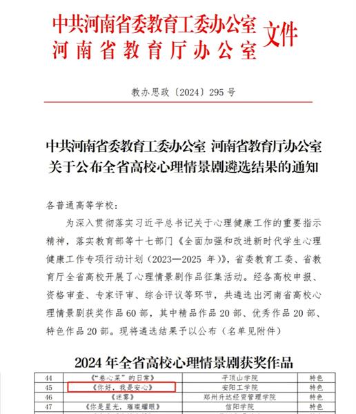 安阳工学院心理情景剧获评河南省高校心理情景剧特色作品